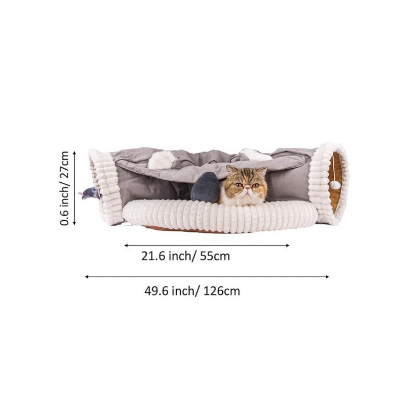 Cat Bed with Tunnel Large Foldable Soft Cushion Bedding Grey Washable 2-in-1 Cat Bed