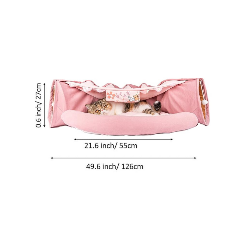 Cat Bed with Tunnel Large Foldable Soft Cushion Bedding Cherry Pink Washable 2-in-1 Cat Bed Cherry