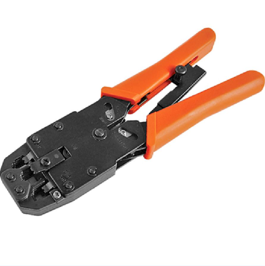 ASTROTEK 8 pins RJ-45 6 pins RJ-12 4 pins RJ-11 Crimper Cut Strip Crimping Tool Kit with Ratchet Orange Colour Hood RoHS CBC-RJ1245