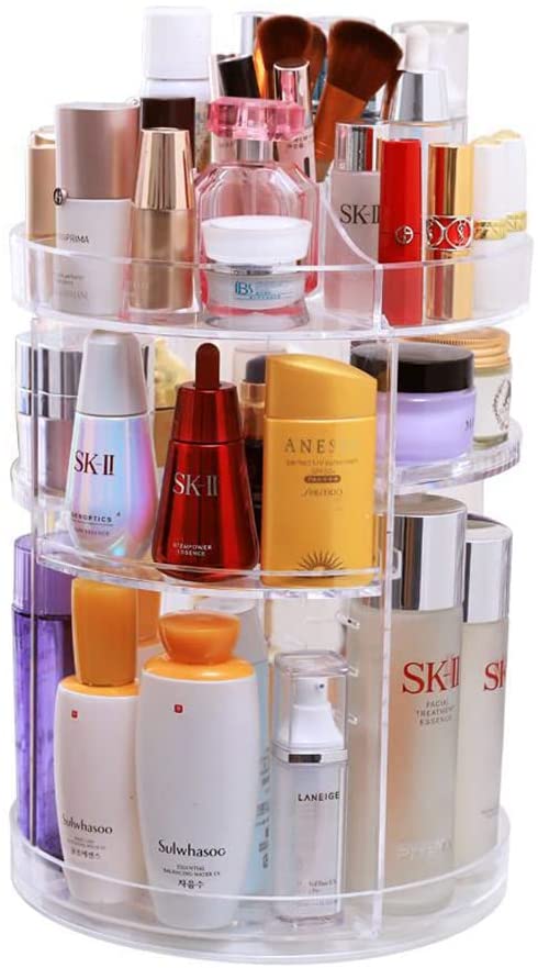 360 Degree Rotation Makeup Organizer Adjustable with Multifunction Cosmetic Storage Box