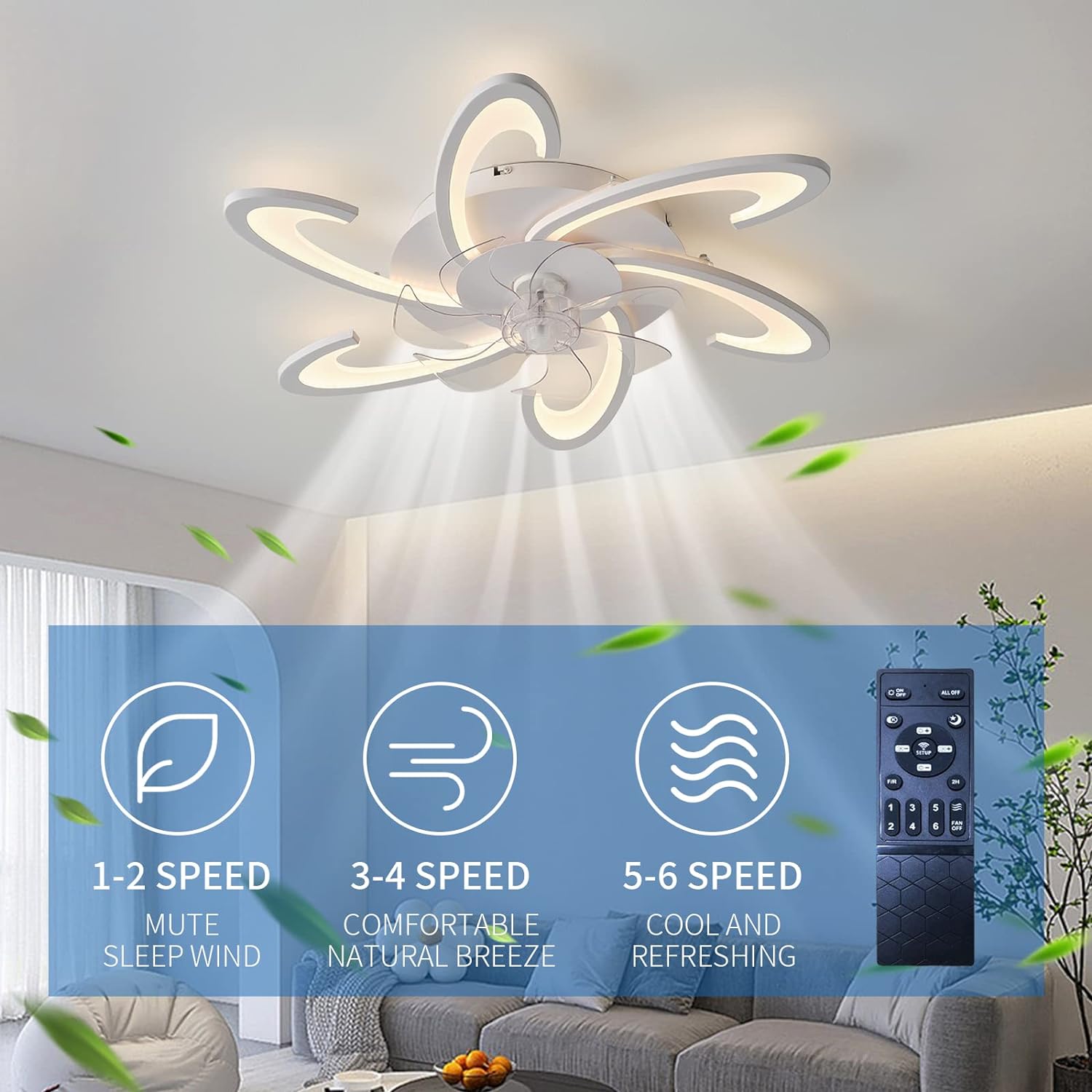 Low Ceiling Light Fan, Low Profile, 6 Wind Speed, 3 Colors (82 cm)