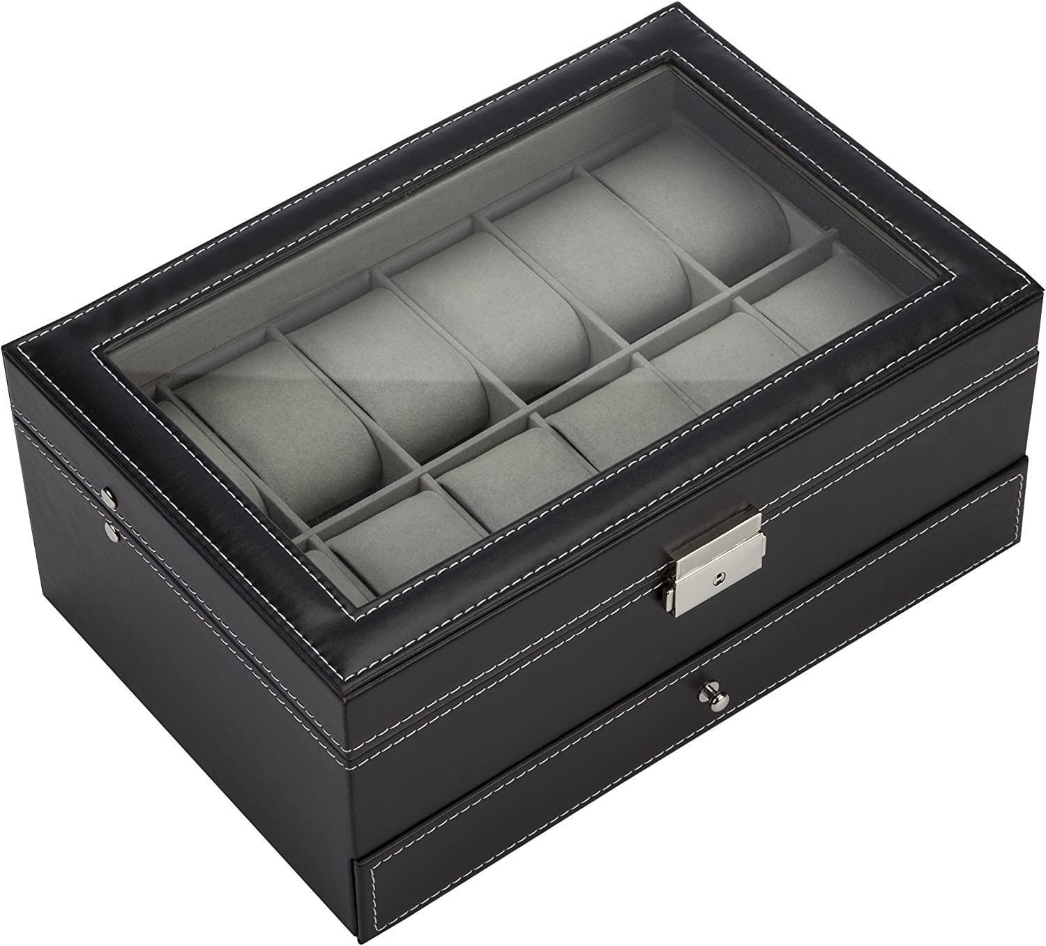 Black Leather Watch Box Jewelry Display Case with Drawers (12 Slots with 2 Layers)