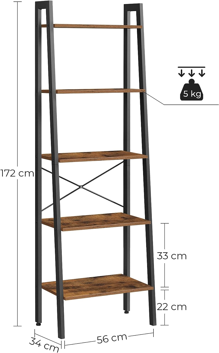 5-Tier Industrial Bookcase, Rustic Brown