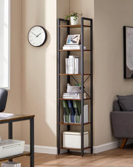 Small 6-Tier Industrial Bookshelf, Rustic Brown, Black