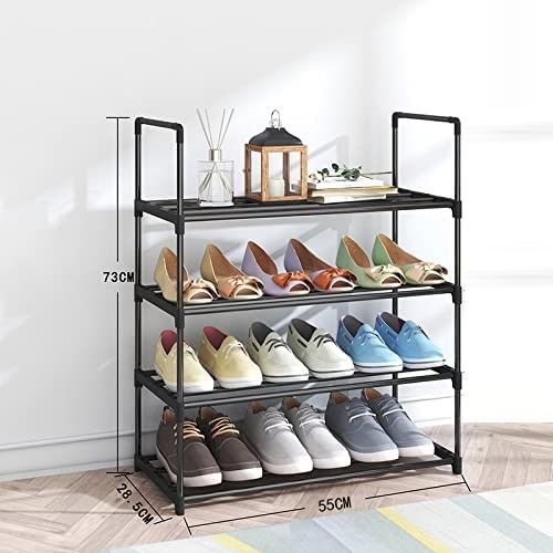 4-Tier Stainless Steel Shoe Rack Storage Organizer to Hold up to 15 Pairs of Shoes (55cm, Black)