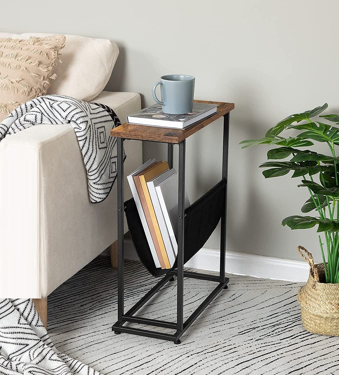 Industrial Side Table with Magazine Holder Sling and Metal Structure (Brown)