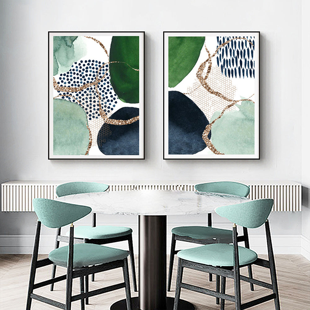 Wall Art 70cmx100cm Abstract Green and Navy 2 Sets Black Frame Canvas