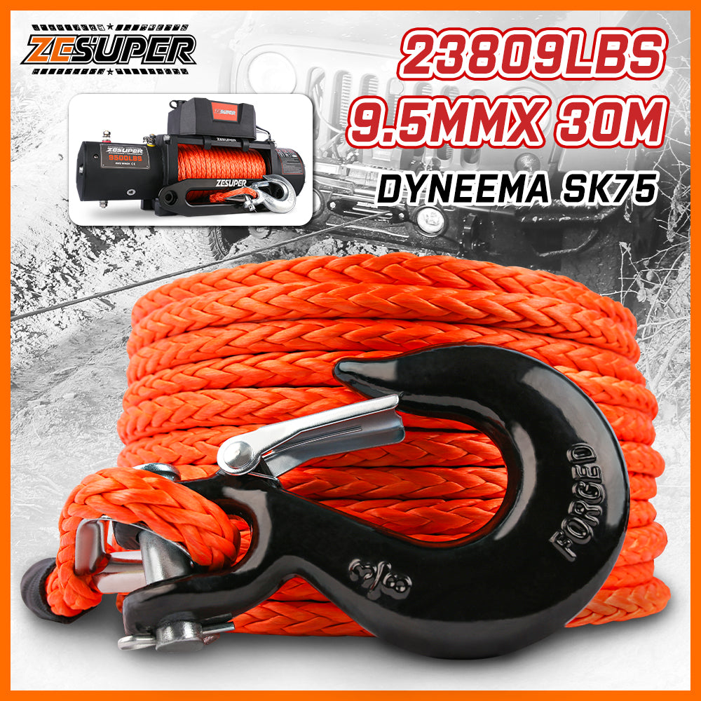 ZESUPER Winch Rope 9.5MM X 30M Dyneema SK75 Hook Synthetic Car Tow Recovery Cable Hook