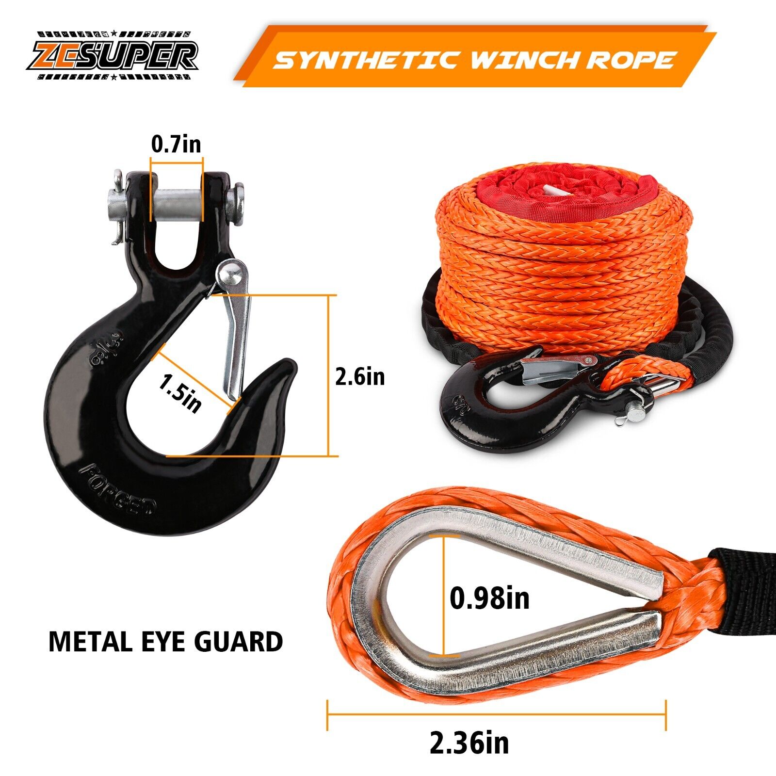 ZESUPER Winch Rope 9.5MM X 30M Dyneema SK75 Hook Synthetic Car Tow Recovery Cable Hook