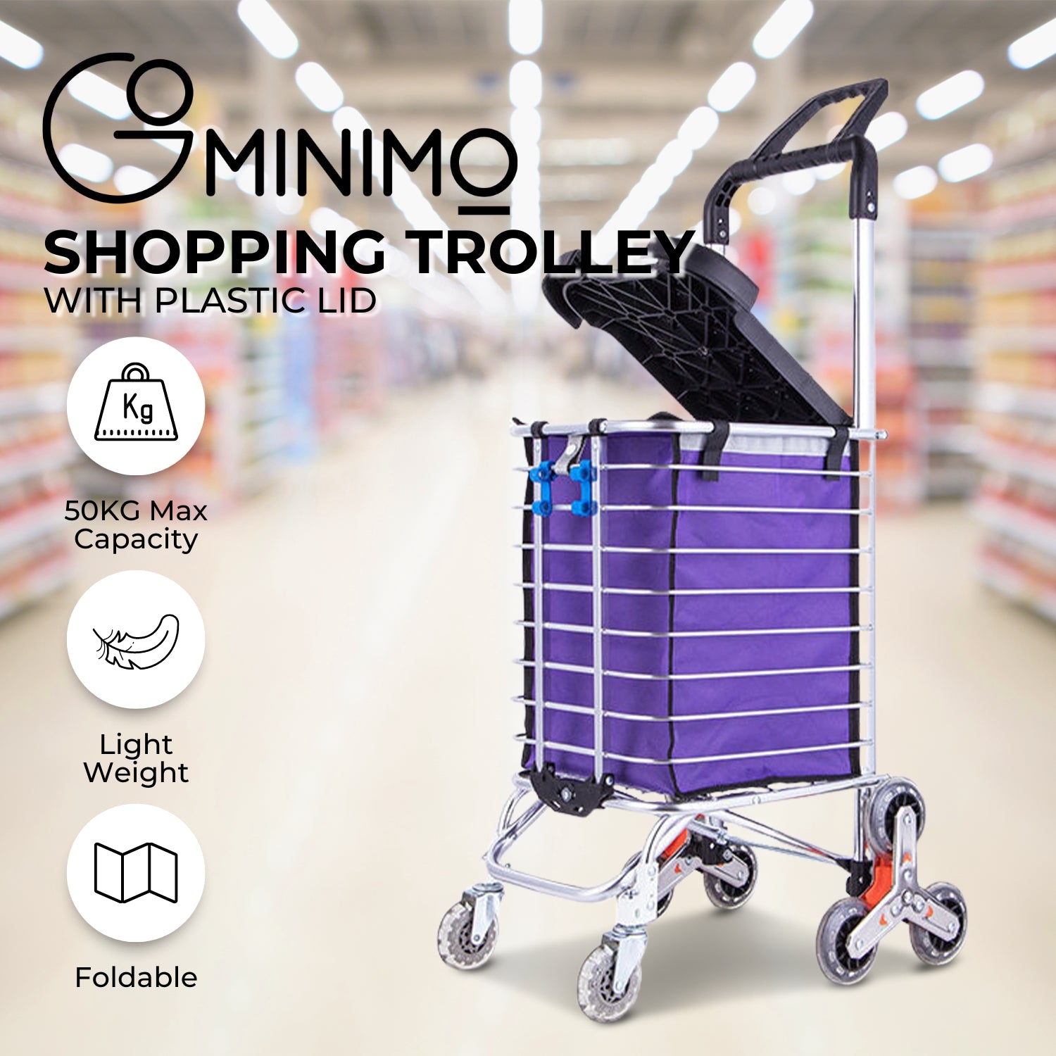 GOMINIMO Foldable Aluminum Shopping Trolley Cart with Wheels and Lids (Purple and Silver)