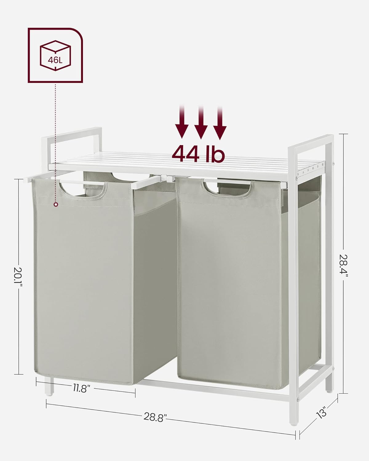 VASAGLE Laundry Hamper with Shelf and Pull-Out Bags 2 x 46L White