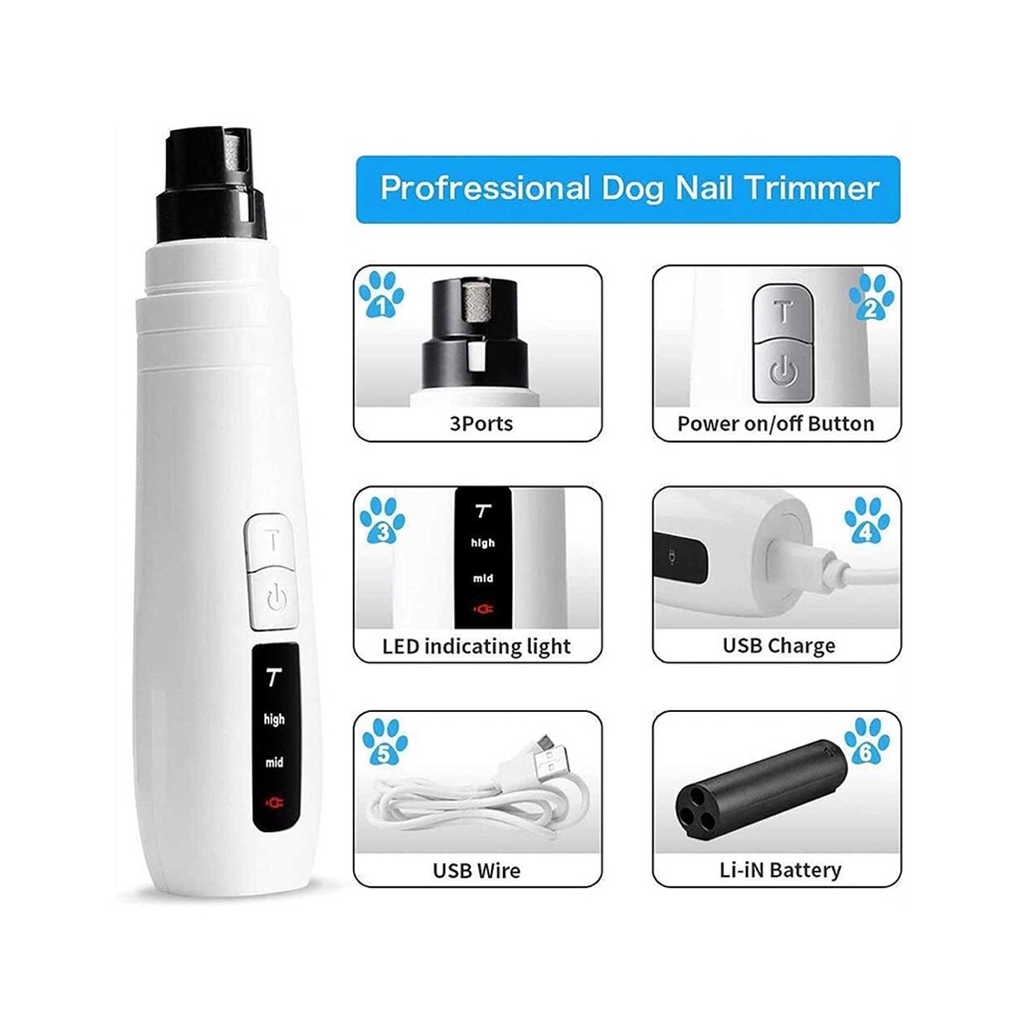 Pet Nail Grinder Dog Cat Electric Trimmer Turbo USB Rechargeable Claw Filer N9