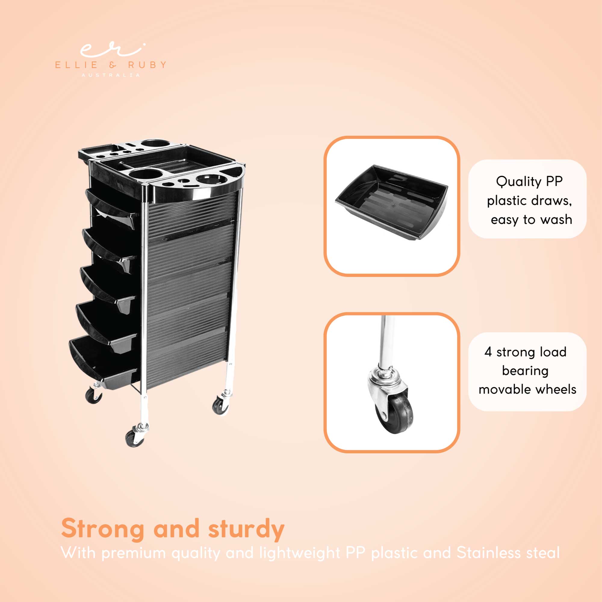 5 Drawer Hairdressing Trolley Black 90x30x36cm Hair Salon Beauty Rolling Cart