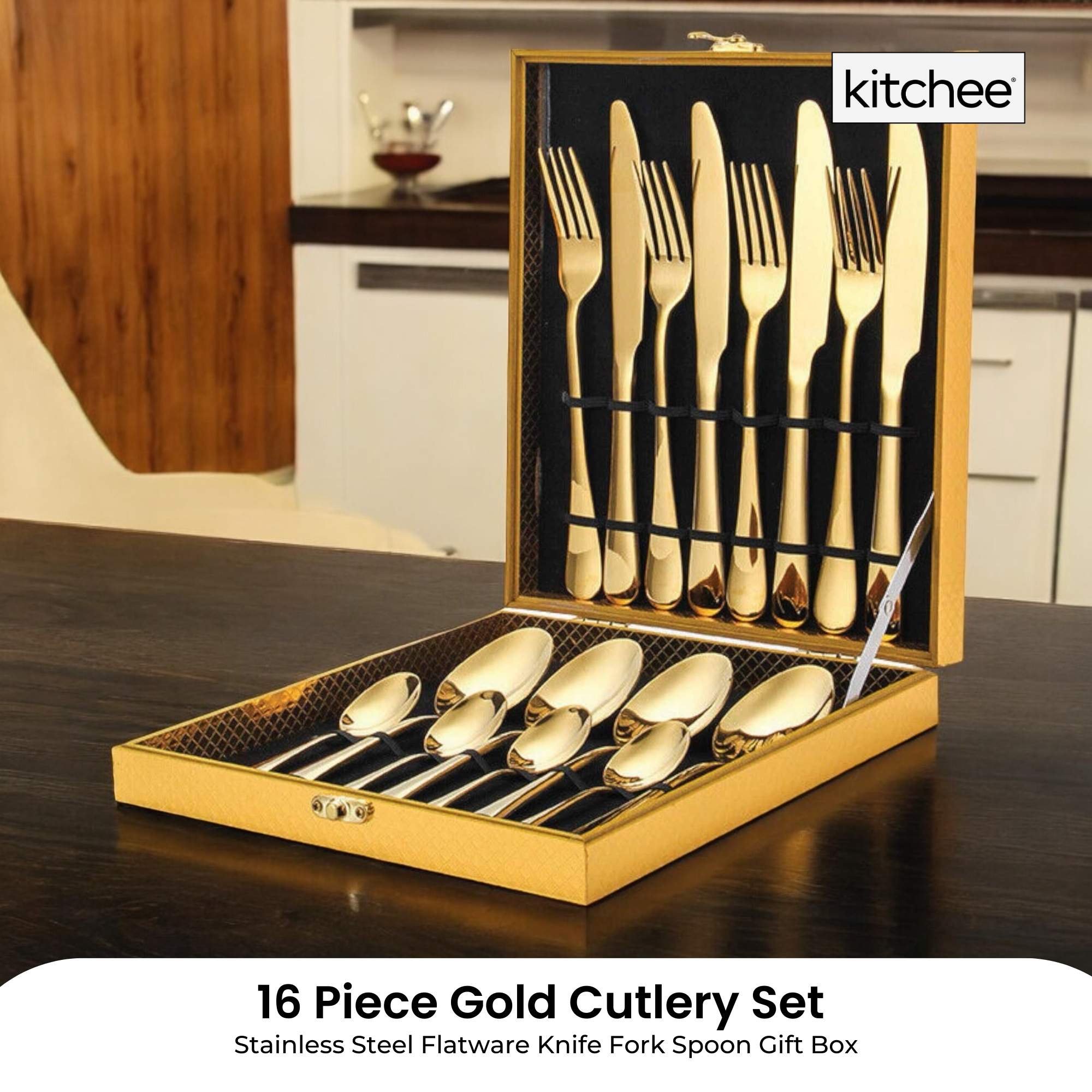 16 Piece Gold Cutlery Set - Stainless Steel Flatware Knife Fork Spoon Gift Box