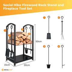 Social Hike Firewood Rack Stand and Fireplace Tool Set for Log Holder Storage