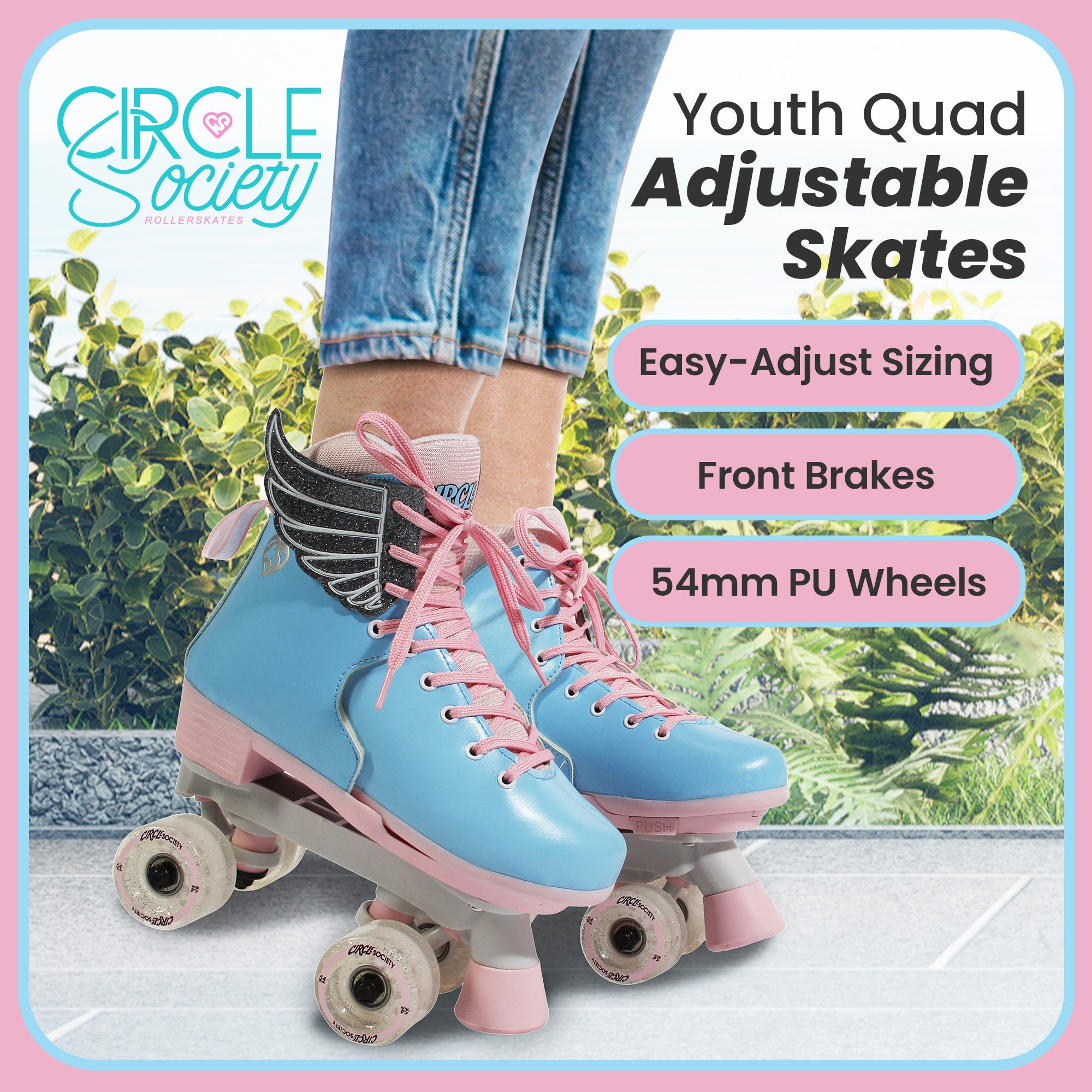 Circle Society Adjustable Kids Quad Roller Skates In Cotton Candy