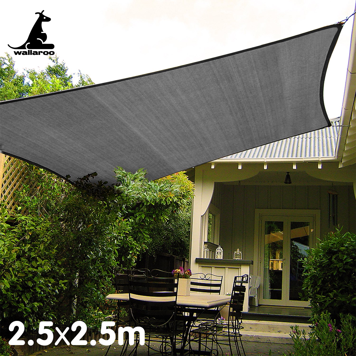 Wallaroo Outdoor Sun Shade Sail Canopy Grey Square 2.5 x 2.5M