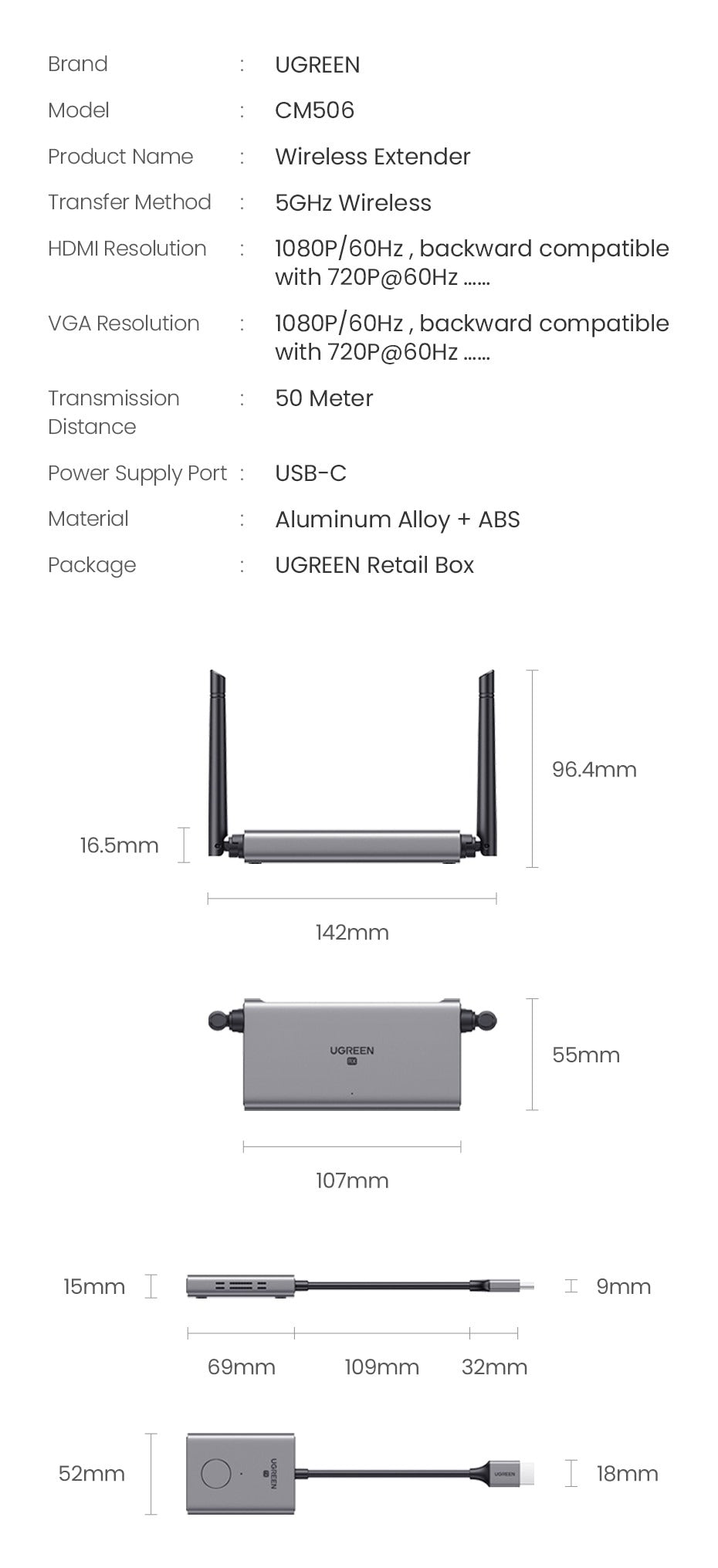 UGREEN 50633A Wireless HDMI Extender Transmitter and Receiver 70m