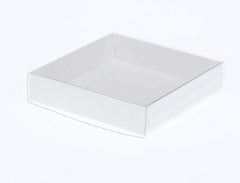 50 Pack of 10cm Square Invitation Coaster Favor Function product Presentation Cookie Biscuit Patisserie Gift Box - 4cm deep - White Card with Clear Slide On PVC Lid