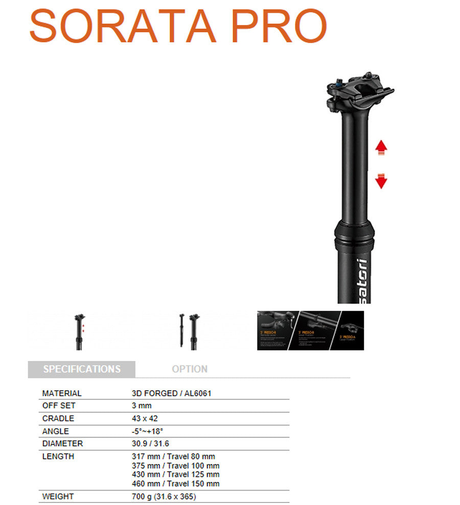 Satori Mountain Bike Pro Dropper Adjustable Seatpost Internal Cable 31.6 Diameter 100mm Travel