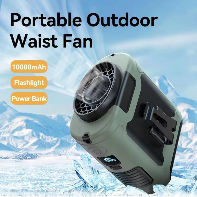 10000mAh Portable Outdoor Waist Fan Hanging Neck Strong Wind with Power Bank LED Lighting for Emergency Sports Outdoor Working (Green)