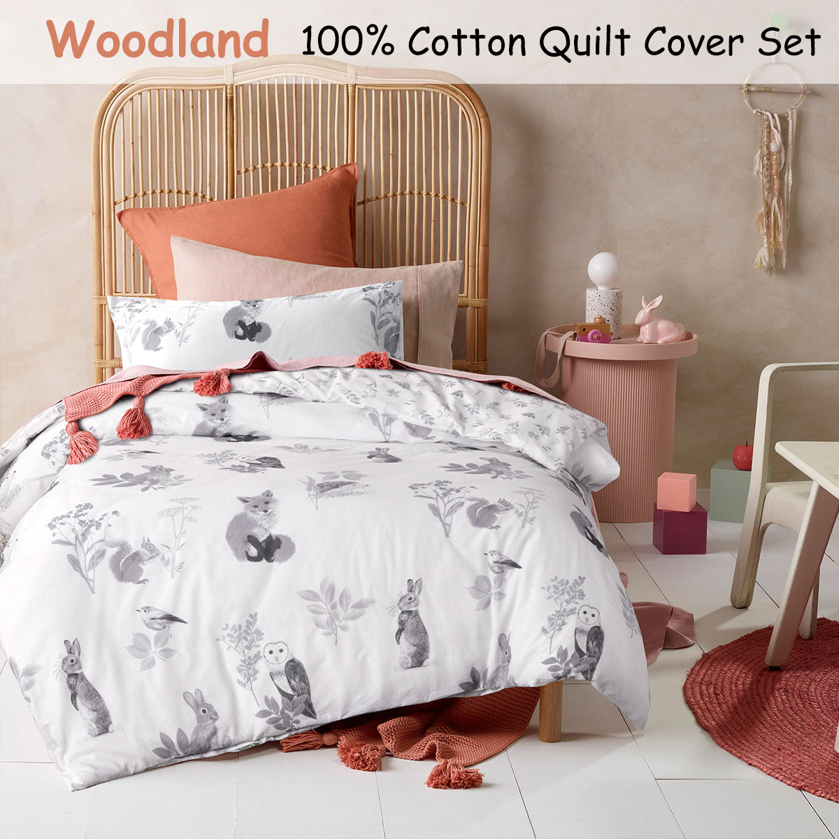 Happy Kids Woodland White Cotton Quilt Cover Set Single