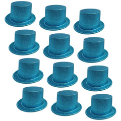 12x GLITTER TOP HAT Fancy Party Plastic Costume Tall Cap Fun Dress Up BULK - Sky Blue