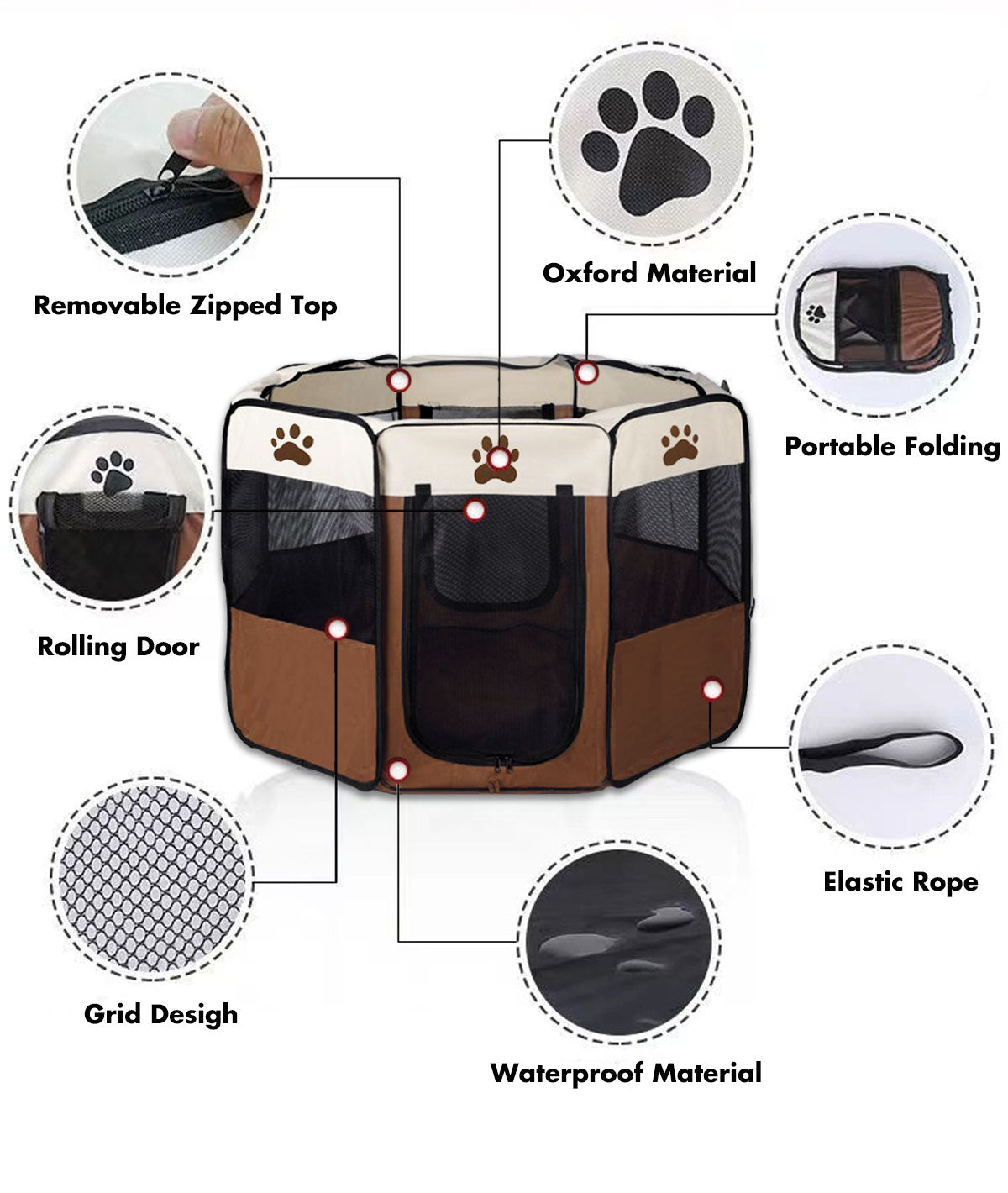 8 Panel Pet Dog Cat Crate Play Pen Bags Kennel Portable Tent Playpen Puppy Cage Extra Large Brown