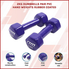 2kg Dumbbells Pair PVC Hand Weights Rubber Coated