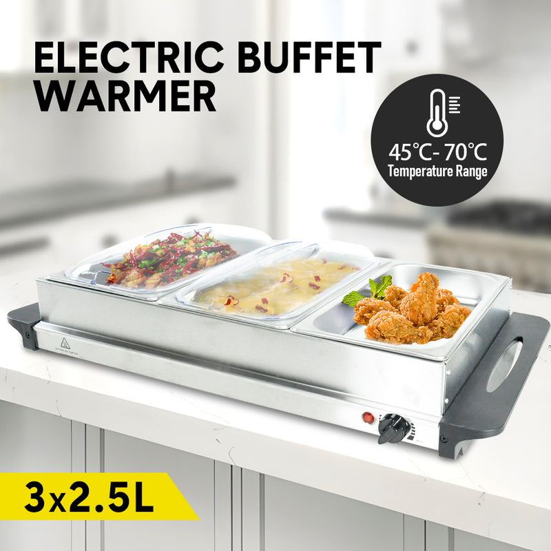 Food Warmer Buffet Electric Server Variable Temperature Control Stainless Steel 2.5L x3 Tray Bain Marie With Lid For Catering Party Banquet Dining