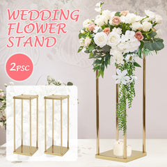 Set of 2 Gold Wedding Flower Stand Metal Column Stand Vase Balloon Geometric Display Rack Floral Decoration Holders 20x20x60cm for Wedding Party Decor