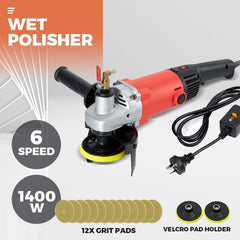 1400W Polisher Concrete Stone Wet Polishing Kit 6 Speed Grinder Including Cutting Wheel Splash Guard and 12 Grit Pads for Granite Marble Concrete Stones