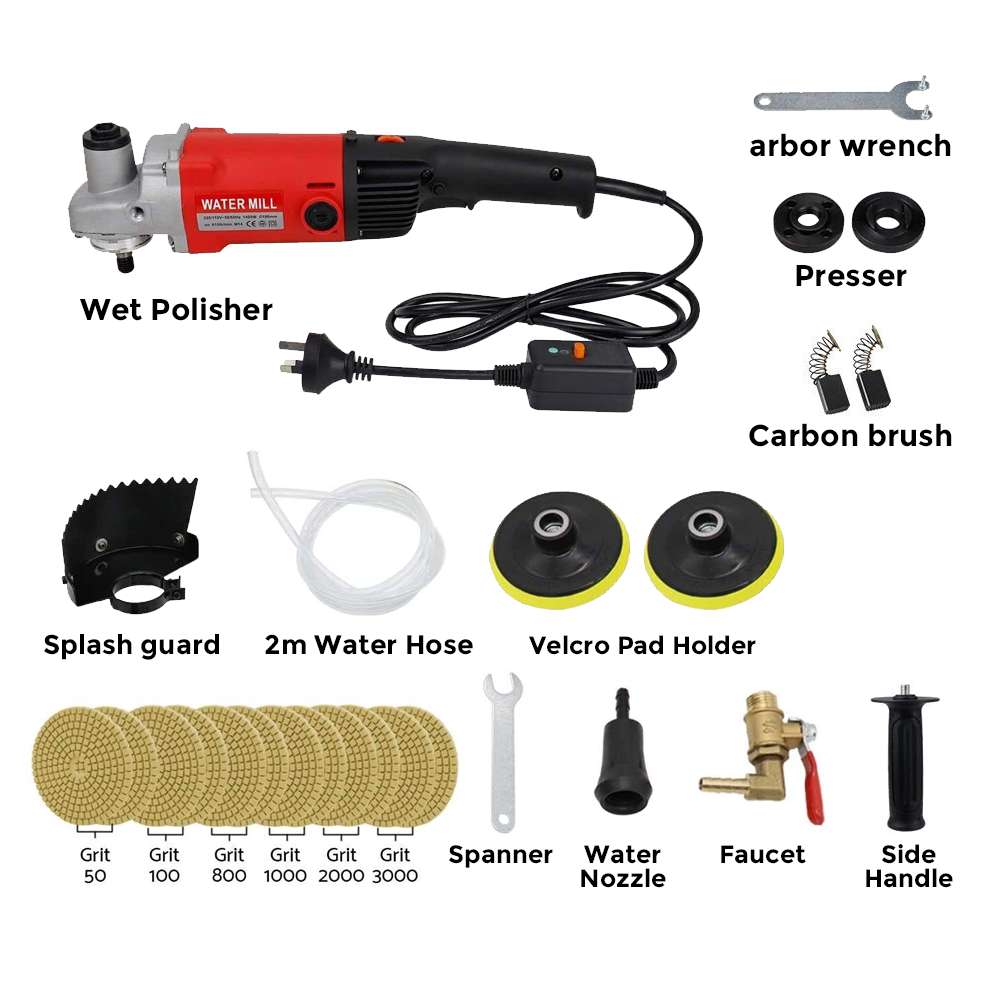 1400W Polisher Concrete Stone Wet Polishing Kit 6 Speed Grinder Including Cutting Wheel Splash Guard and 12 Grit Pads for Granite Marble Concrete Stones