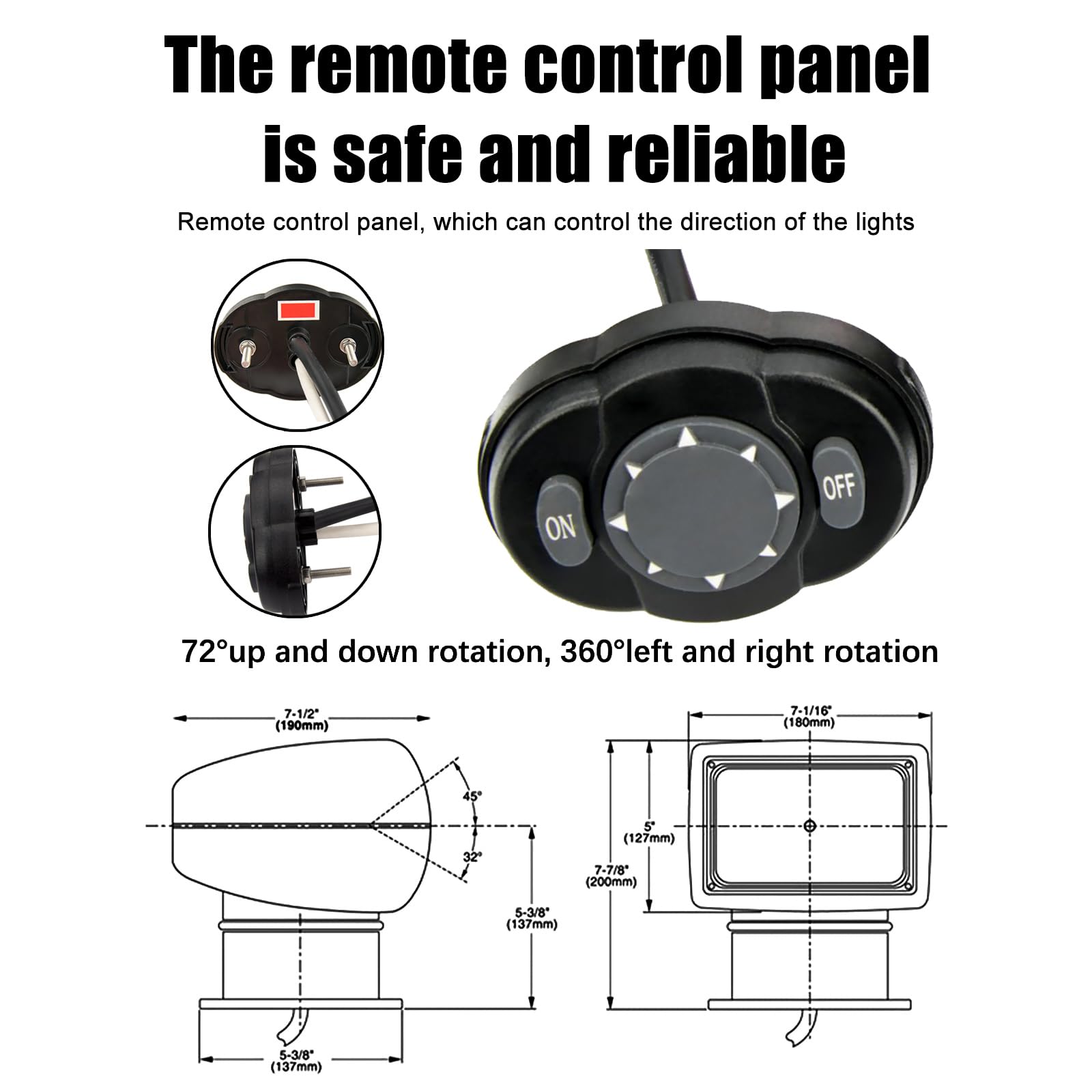 100W Halogen Marine Spotlight Remote-Controlled 2500 Lumens 360° Rotation IP67 Waterproof Durable Thermoplastic Build