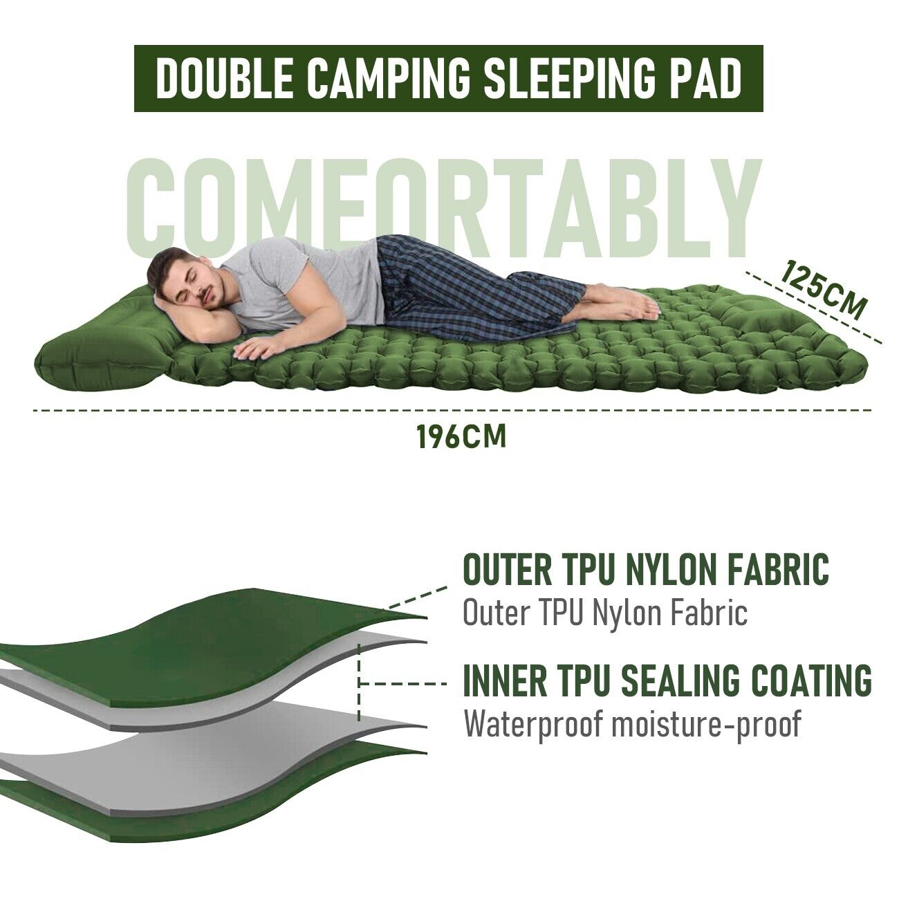 Self Inflating Double Size Mattress Camping Airbed Mat Sleeping Pad with Pillow for Camp Hiking Beach