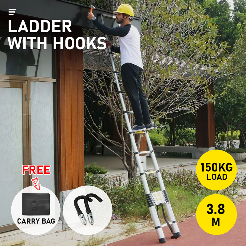 Portable 3.8M Telescopic Ladder with Safety Hooks - Aluminium Folding Ladder, Multi-Purpose Compact Design, Safety Lock 150kg Capacity - Includes Carry Bag