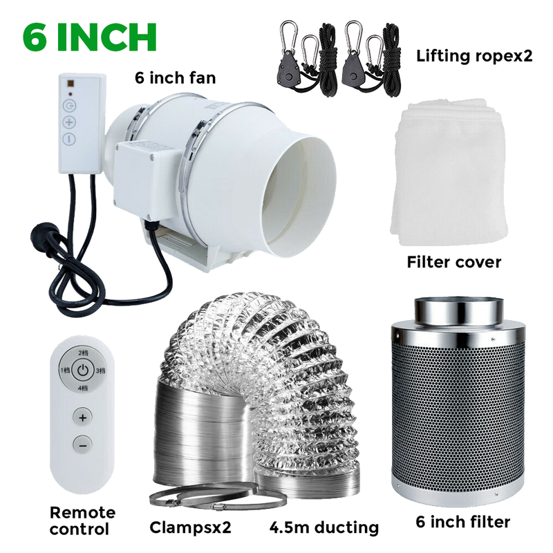 4'' 6'' Grow Tent Ventilation System Inline Duct Fan Kit Ventilation Carbon Filter Ducting Combo with Speed Controller Greenhouse Odor Control