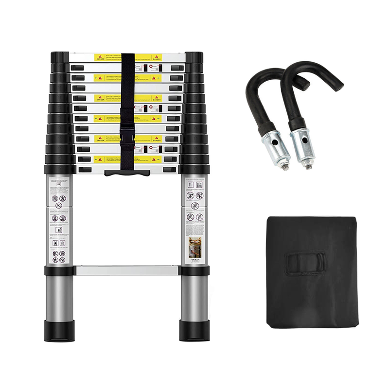 Portable 3.8M Telescopic Ladder with Safety Hooks - Aluminium Folding Ladder, Multi-Purpose Compact Design, Safety Lock 150kg Capacity - Includes Carry Bag