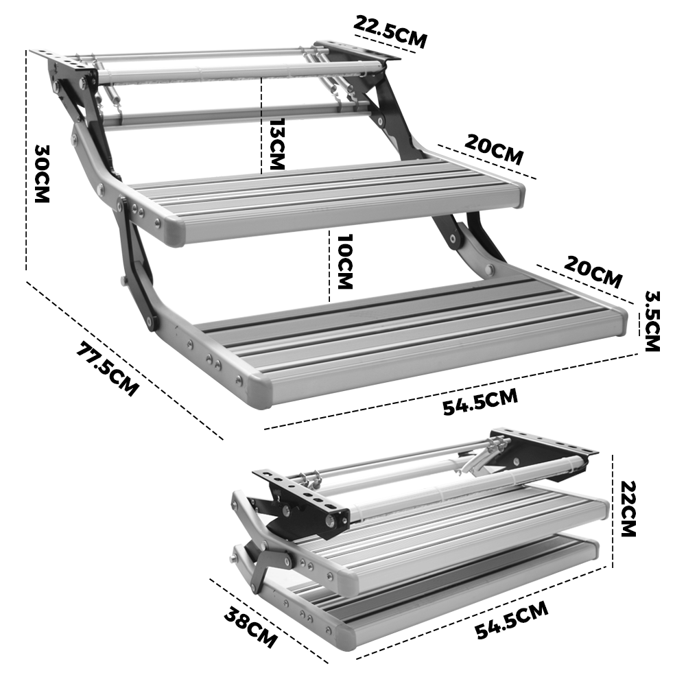 Aluminium Alloy Caravan Double Step Foldable Pull Out Step with 12V LED Light Pedal Manual Telescopic Pedal Anti Skid for Motorhome RV Camper Van 2 Stpes