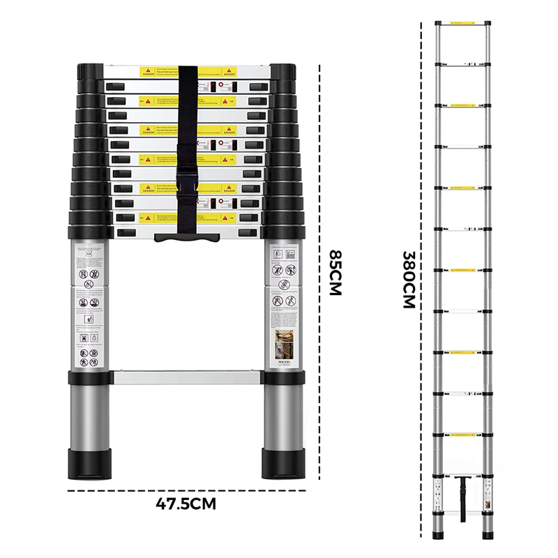 Portable 3.8M Telescopic Ladder with Safety Hooks - Aluminium Folding Ladder, Multi-Purpose Compact Design, Safety Lock 150kg Capacity - Includes Carry Bag