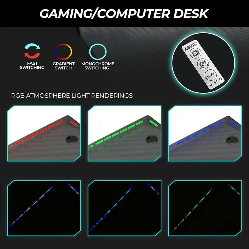 120cm Large Gaming Desk LED RGB Computer Desk Z Model Racer Carbon Fibre Surface Table Workstation Max Load 175KG with Cup Holder and Headphone Holder