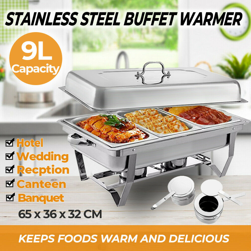 Alston 9L 3x3L Bain Marie Bow Food Buffet Warmer Pan Chafing Dish Stainless Steel Catering Warmer Set with Trays Lid Fuel Holder Party Banquet Dining