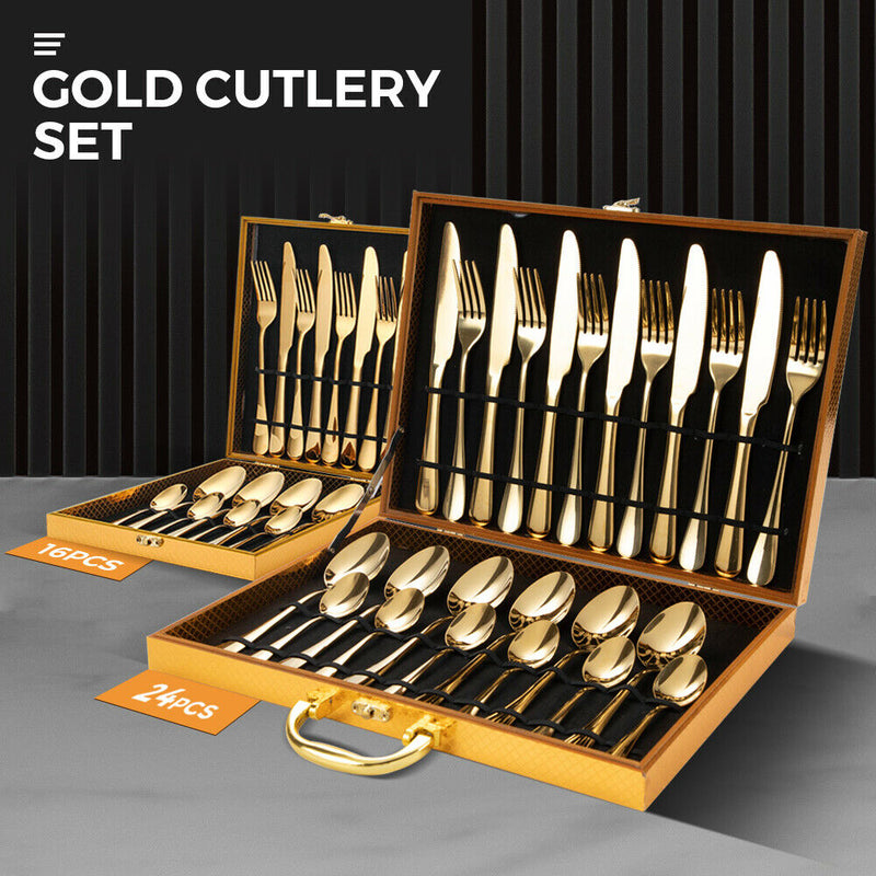 Gold Cutlery Set Kitchen Stainless Steel Fork Knife Spoon Flatware Cutlery Gift For Party Restaurant Dishwasher Safe 24pcs with Carry Box