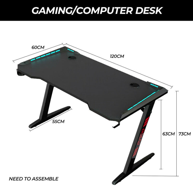 120cm Large Gaming Desk LED RGB Computer Desk Z Model Racer Carbon Fibre Surface Table Workstation Max Load 175KG with Cup Holder and Headphone Holder