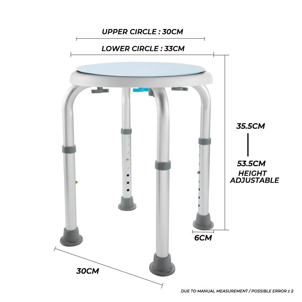 Bath Shower Stool Chair Seat Non-Slip Adjustable Height 35.5cm to 53.5cm 136kg Capacity Rotating Swivel Round Elderly Medical Bench Safety Bathroom