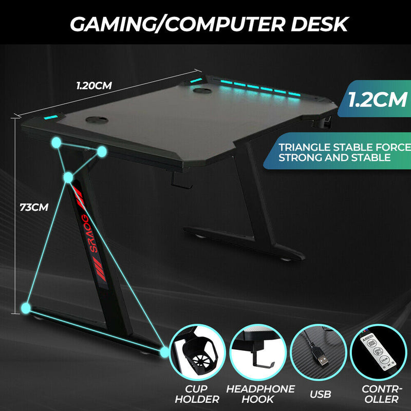 120cm Large Gaming Desk LED RGB Computer Desk Z Model Racer Carbon Fibre Surface Table Workstation Max Load 175KG with Cup Holder and Headphone Holder