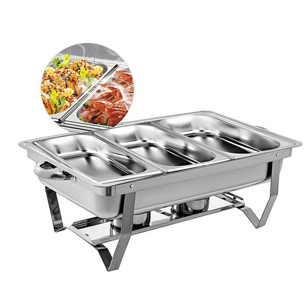 Alston 9L 3x3L Bain Marie Bow Food Buffet Warmer Pan Chafing Dish Stainless Steel Catering Warmer Set with Trays Lid Fuel Holder Party Banquet Dining