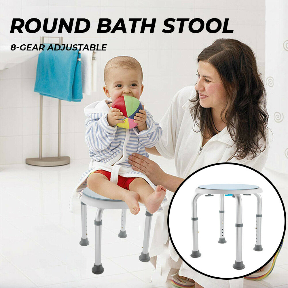 Bath Shower Stool Chair Seat Non-Slip Adjustable Height 35.5cm to 53.5cm 136kg Capacity Rotating Swivel Round Elderly Medical Bench Safety Bathroom