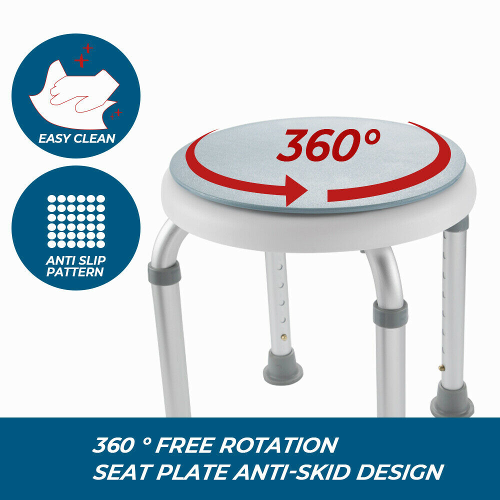 Bath Shower Stool Chair Seat Non-Slip Adjustable Height 35.5cm to 53.5cm 136kg Capacity Rotating Swivel Round Elderly Medical Bench Safety Bathroom