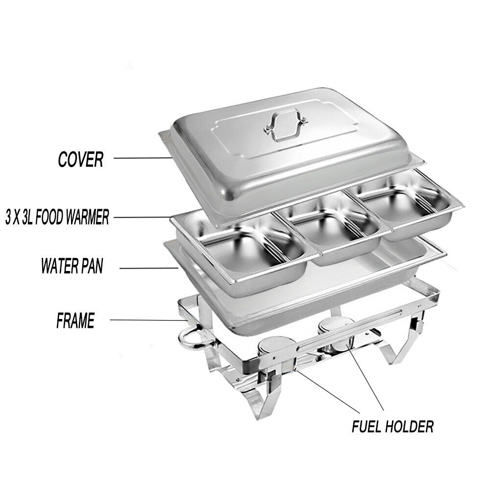 Alston 9L 3x3L Bain Marie Bow Food Buffet Warmer Pan Chafing Dish Stainless Steel Catering Warmer Set with Trays Lid Fuel Holder Party Banquet Dining